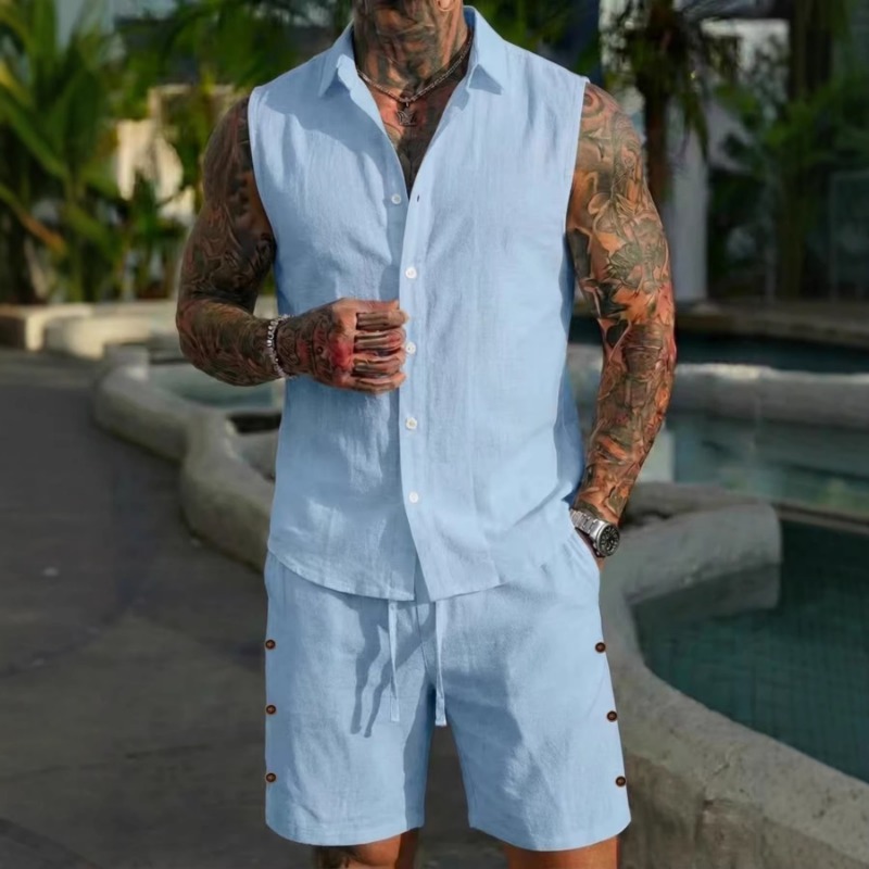 Short Linen Drawstring - Męski lniany komplet dwuczęściowy z teksturą,