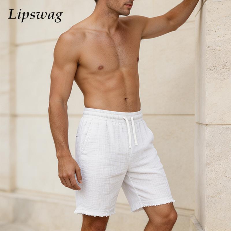 Short Linen Drawstring - Modne, podarte lniane szorty męskie, codzienne,