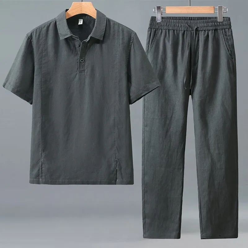 Short Linen Drawstring - Męski letni lniany komplet dwuczęściowy plus